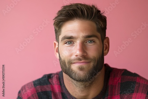 Man in a red plaid shirt standing confidently against a bright pink background showcasing bold casual fashion with vibrant colors and a laid back vibe photo