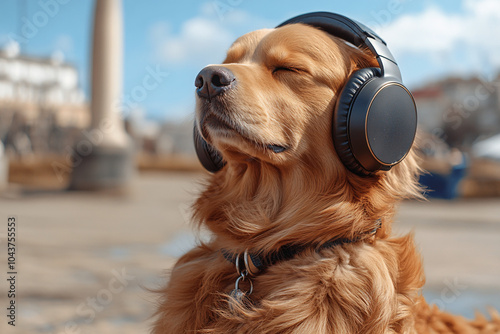 Serene golden retriever wearing large headphones outdoors, basking in the sunlight and capturing a peaceful moment of relaxation, blending nature with modern technology. photo