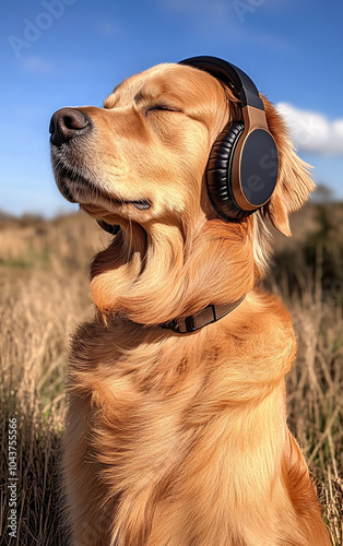 Serene golden retriever wearing large headphones outdoors, basking in the sunlight and capturing a peaceful moment of relaxation, blending nature with modern technology. photo