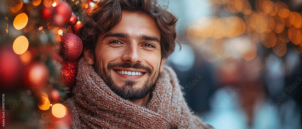 Happy Man Standing Near Christmas Tree With Lights Happy Man Standing Near Christmas Tree With Lights