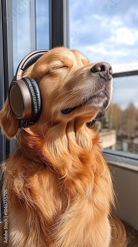 Serene golden retriever wearing large headphones outdoors, basking in the sunlight and capturing a peaceful moment of relaxation, blending nature with modern technology. photo