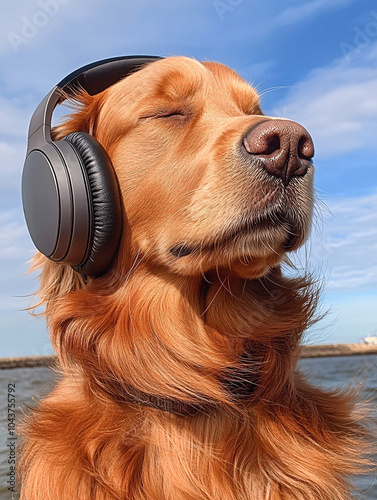 Serene golden retriever wearing large headphones outdoors, basking in the sunlight and capturing a peaceful moment of relaxation, blending nature with modern technology. photo