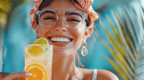 Joyful Woman Celebrating with Tropical Drink photo