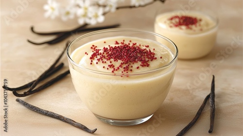 Creamy Delight Close-up of Yellow Dessert with Red Sprinkles in Glass Bowl on Soft Beige Background - Sweet Indulgence