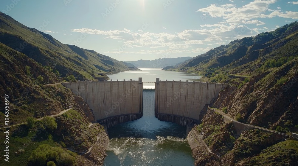 Serene Mountain Dam Oasis Aerial Symmetry, Tranquil Reservoir, Nature's Harmony - Peaceful Engineering Marvel for Nature Lovers and Educational Content Serene Mountain Dam Oasis Aerial Symmetry, Tranquil Reservoir, Nature's Harmony - Peaceful Engineering Marvel for Nature Lovers and Educational Content