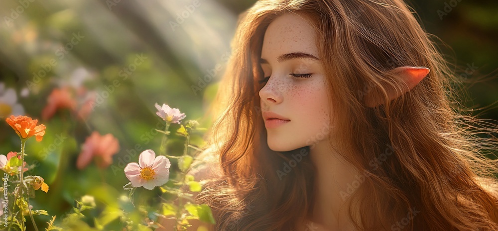 A serene elf girl with flowers in a magical forest setting. A serene elf girl with flowers in a magical forest setting.