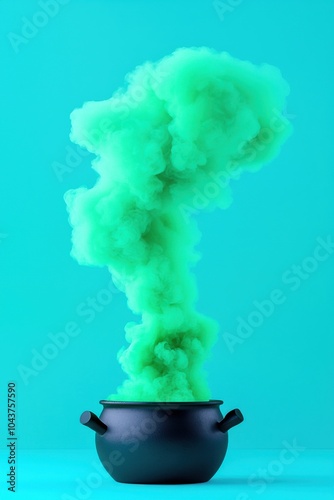 Cauldron with green smoke on a solid turquoise background. photo