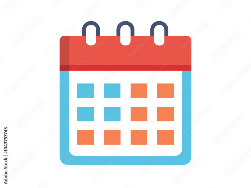 Flat calendar icon design featuring vibrant red, blue, and orange colors, symbolizing organization, scheduling, time management, and planning. Flat calendar icon design featuring vibrant red, blue, and orange colors, symbolizing organization, scheduling, time management, and planning.