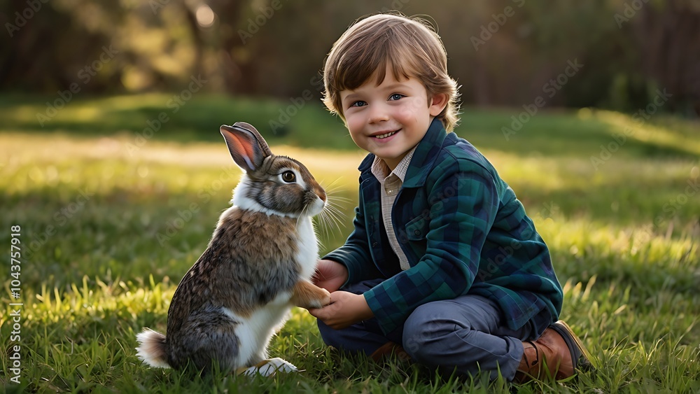 Boy and Rabbit, A heartwarming portrait of a young boy and his furry friend, captured in a field of golden sunlight. Boy and Rabbit, A heartwarming portrait of a young boy and his furry friend, captured in a field of golden sunlight.
