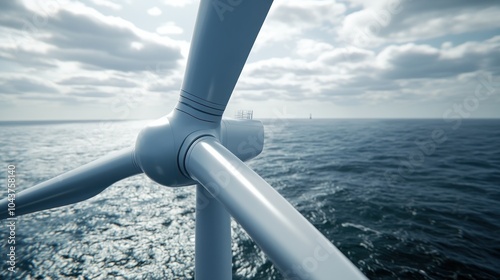 Close-up of a wind turbine against a cloudy sky over the ocean.