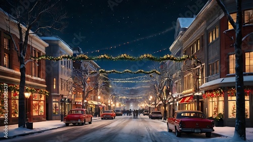 Snowy Christmas Town, A picturesque winter scene of a charming town adorned with twinkling lights and festive decorations, creating a warm and magical atmosphere.