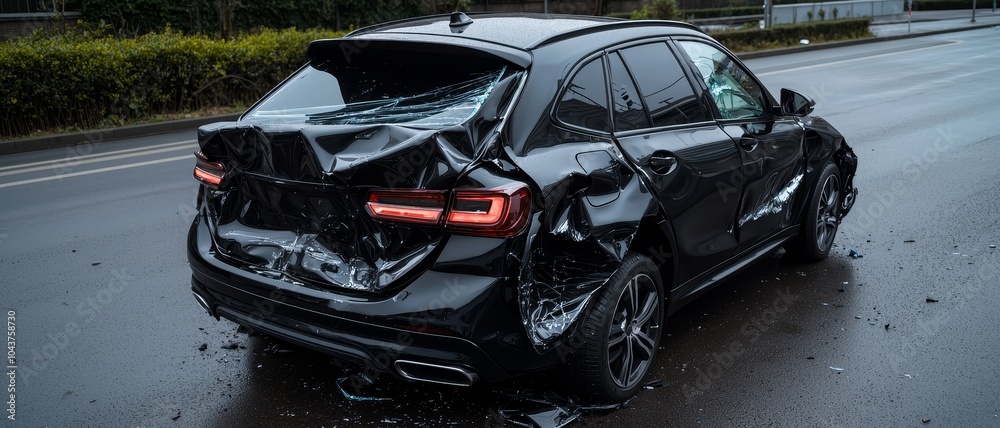 Dramatic Closeup of Crumpled Black Car After Accident on Rainy Roadside - Sombre Aftermath Concept Dramatic Closeup of Crumpled Black Car After Accident on Rainy Roadside - Sombre Aftermath Concept