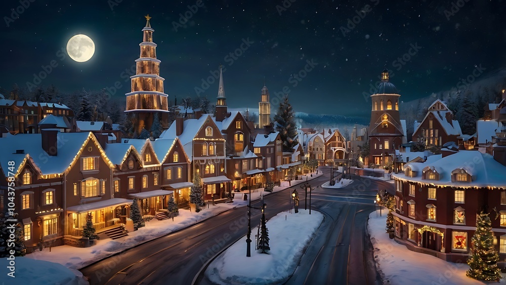 Fototapeta premium Winter Village Night Scene, A picturesque snow-covered village street glows under the soft light of a full moon, creating a magical Christmas atmosphere. 