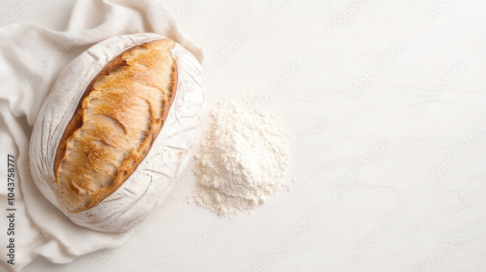 Fototapeta premium Rustic artisan bread with flour on white linen background