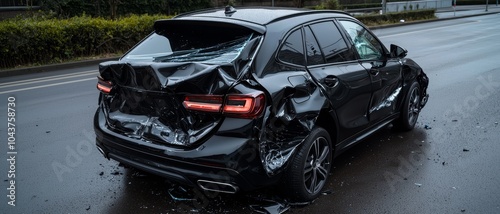 Dramatic Closeup of Crumpled Black Car After Accident on Rainy Roadside - Sombre Aftermath Concept