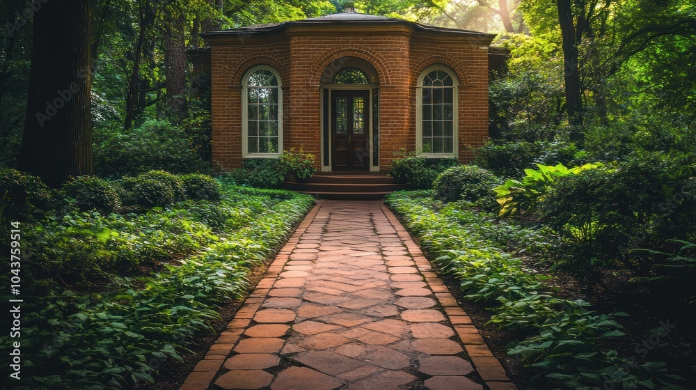 A brick pathway leads to a small, brick building with arched windows and a wooden door, surrounded by lush greenery. A brick pathway leads to a small, brick building with arched windows and a wooden door, surrounded by lush greenery.