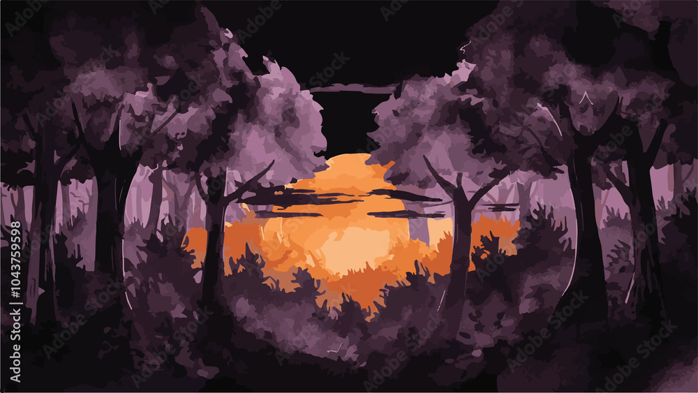 Fototapeta premium Sunset Forest Landscape – Digital Painting of Nature with Trees, Sky, and Silhouettes