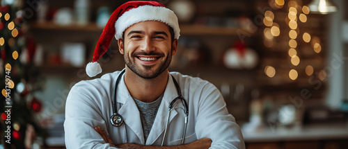 Smiling Doctor in Santa Hat Celebrating Christmas