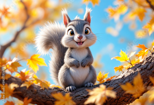 3D cartoon animation of a playful chipmunk, mistaken for a squirrel, with striped