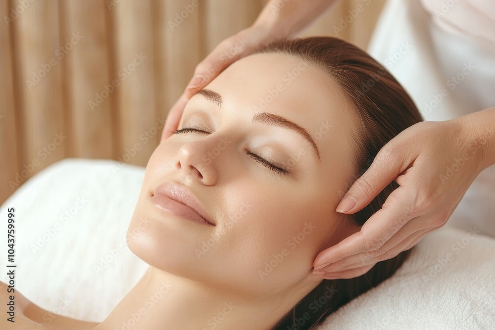 Serene Facial Massage with Peaceful Woman in Spa Setting, Relaxation and Wellness Concept for Beauty Products Serene Facial Massage with Peaceful Woman in Spa Setting, Relaxation and Wellness Concept for Beauty Products