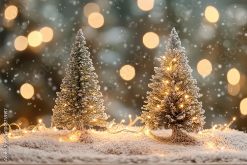 Snowy Christmas Trees with Fairy Lights and Bokeh Background