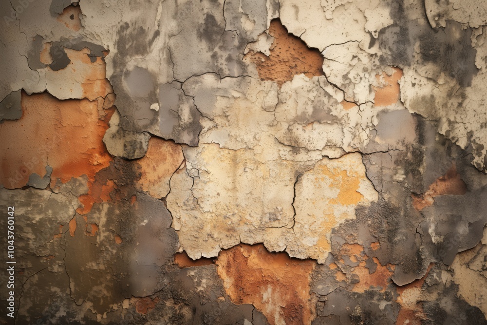Obraz premium Old peeling paint, cracked deformed rusty surface. Wall destroyed by time. Abstract background with cracks, pieces, layers of dried, peeling paint.