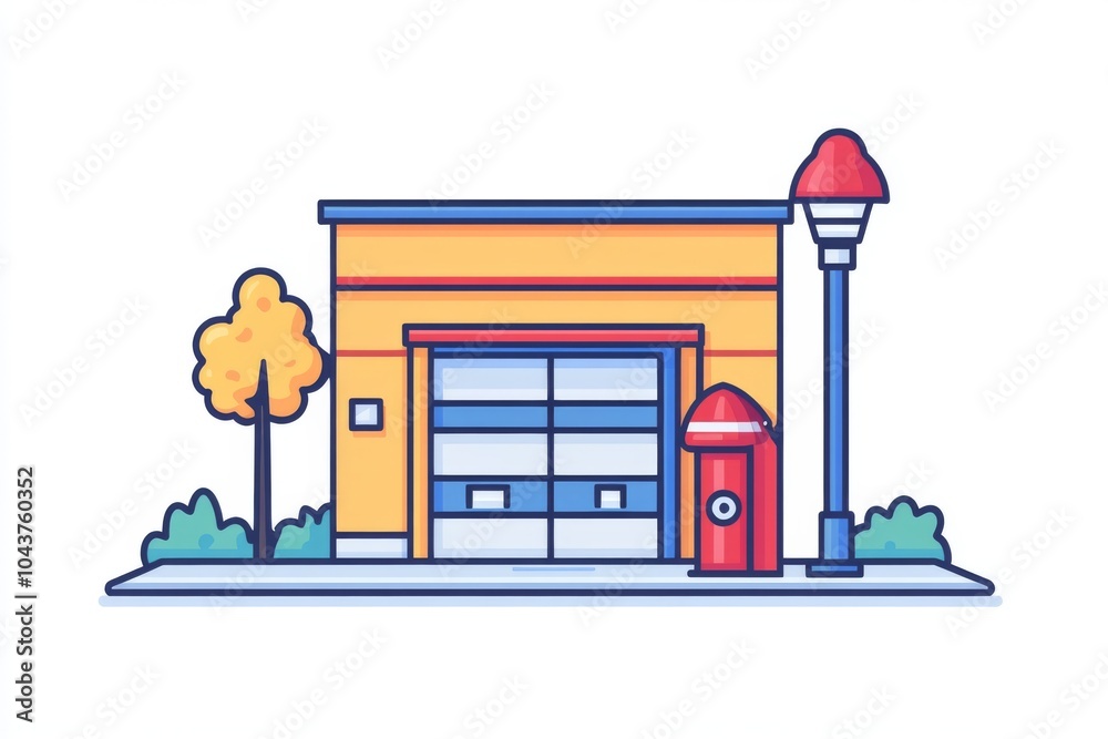 Fototapeta premium Cartoon Illustration of a Small Building with a Garage Door