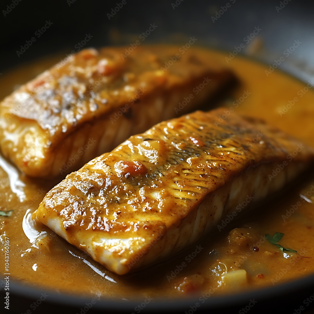 Deliciously cooked mackerel fillets in rich sauce, showcasing perfect golden brown sear. dish is visually appealing and evokes sense of culinary delight