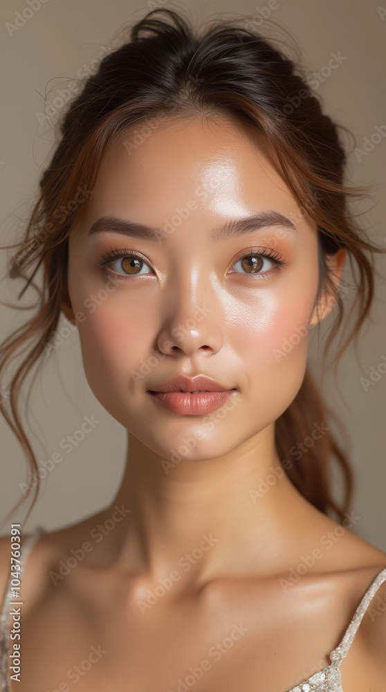 Naklejka premium Beautiful Female Model Showcasing Natural Beauty and Flawless Skin in Fashion and Beauty Portrait - Perfect for Skincare, Cosmetics, and Lifestyle Advertising