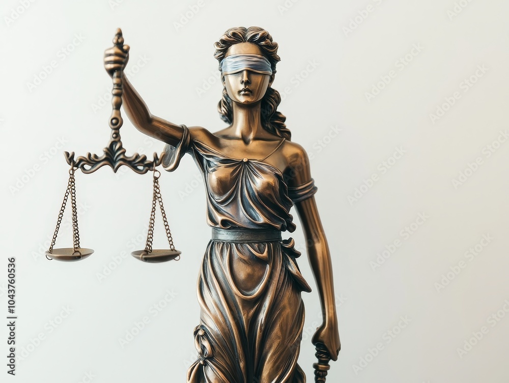 Majestic Bronze Statue of Lady Justice Symbol of Impartiality in Legal System Close-up View of Justice Symbol on White Background Conveys Dignified and Formal Mood Majestic Bronze Statue of Lady Justice Symbol of Impartiality in Legal System Close-up View of Justice Symbol on White Background Conveys Dignified and Formal Mood