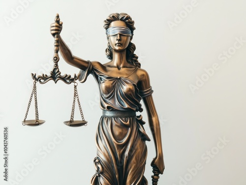 Majestic Bronze Statue of Lady Justice Symbol of Impartiality in Legal System Close-up View of Justice Symbol on White Background Conveys Dignified and Formal Mood