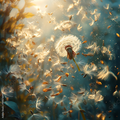 Dandelion petals dance in breeze, illuminated by soft sunlight, creating magical atmosphere of changing seasons. This enchanting scene captures beauty of natures delicate moments photo