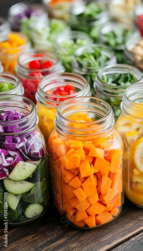 Jars filled with colorful chopped vegetables arranged on a wooden surface.