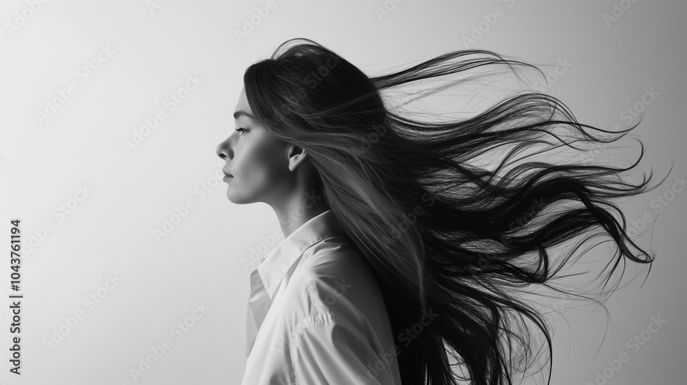 Black and White Portrait of Woman with Flowing Hair in Profile Black and White Portrait of Woman with Flowing Hair in Profile