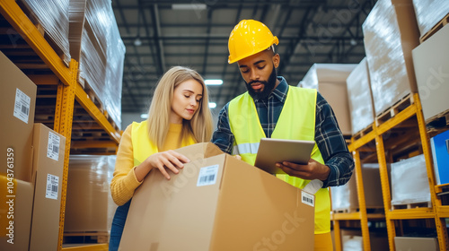 Warehouse worker looking upward in industrial setting. 