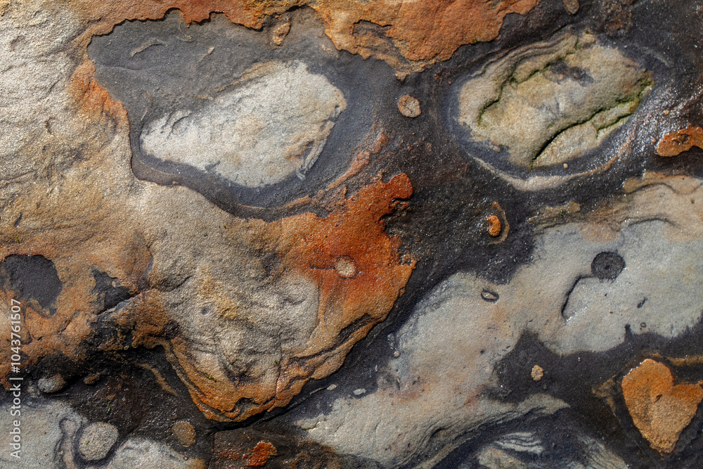 Colorful pebbles and rock submerged in the shallow waters of tide pools in Carmel, California.
