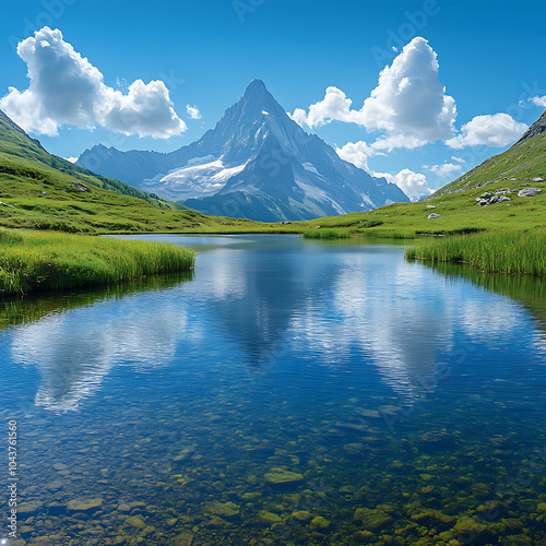 A stunning photograph of LGBT Lake in Alps, showcasing serene mountain landscape with vibrant greenery and clear blue sky. reflection of majestic peak in calm waters creates peaceful atmosphere