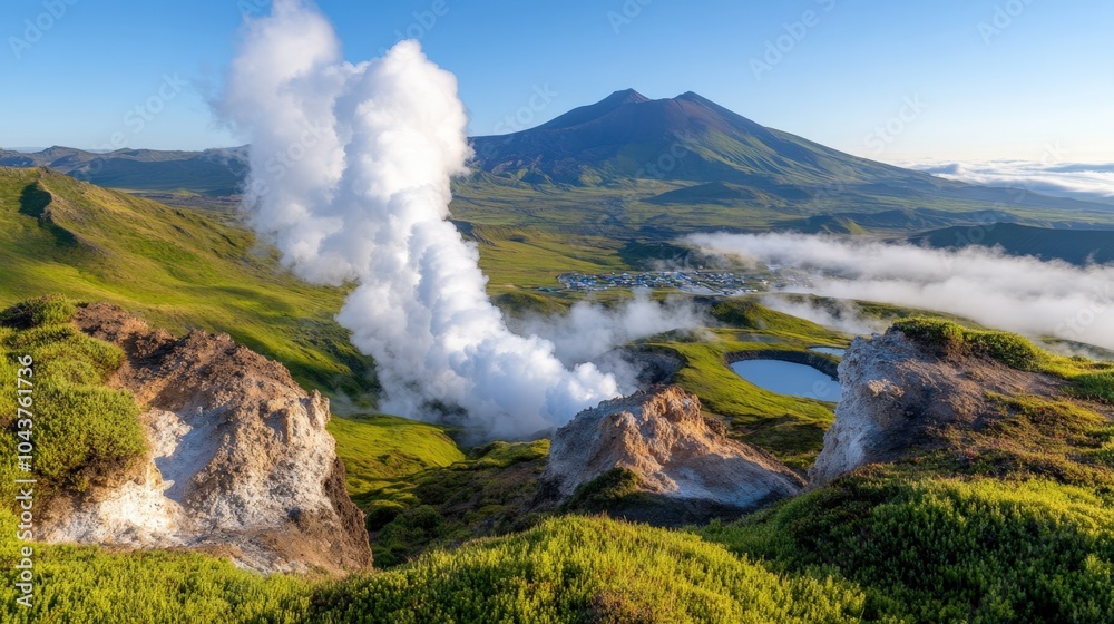 Fototapeta premium Majestic volcano landscape with steam vents and lush green scenery