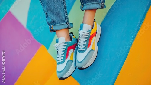 Wallpaper Mural 90s inspired chunky sneakers and retro denim on a vibrant background Torontodigital.ca