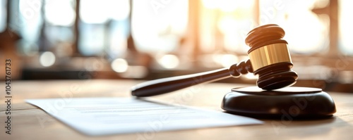 Judicial gavel placed on legal document, warm light from the background. photo