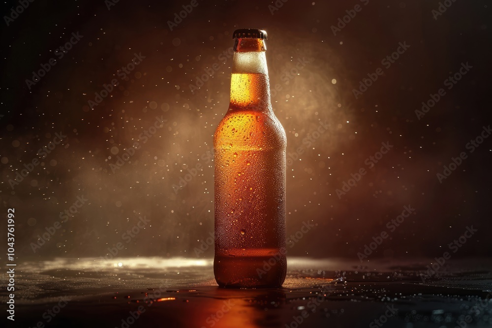 Chilled beer bottle with water droplets, highlighted by a focused beam of light Chilled beer bottle with water droplets, highlighted by a focused beam of light