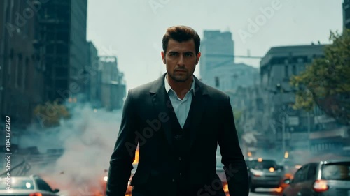 Action shot with brave man walking leaving fire and explosions behind his back. Dynamic scene in action movie blockbuster style