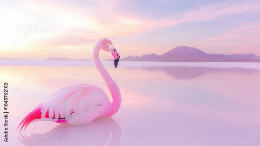 Naklejka premium Graceful flamingo wading in tranquil waters at sunset