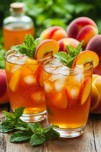 Summertime Bliss Close-Up of Refreshing Iced Tea Glasses with Peach Slices in Garden Setting - Relaxing Summer Beverage Concept