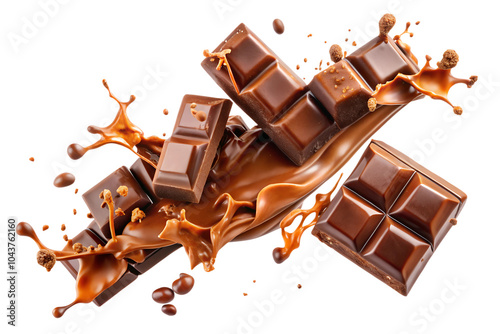 Dynamic and Eye-Catching Image of Flying Pieces with Syrup and Broken Chocolate on a Transparent Background, Perfect for Food and Dessert Promotions or Creative Design Projects.