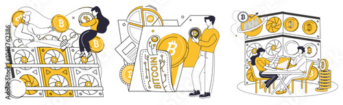 Bitcoin mining vector illustration. Coin, emblem, becomes symbol value and innovation in realm cryptocurrency Finance, conductor, orchestrates symphony where Bitcoin plays key role in digital economy