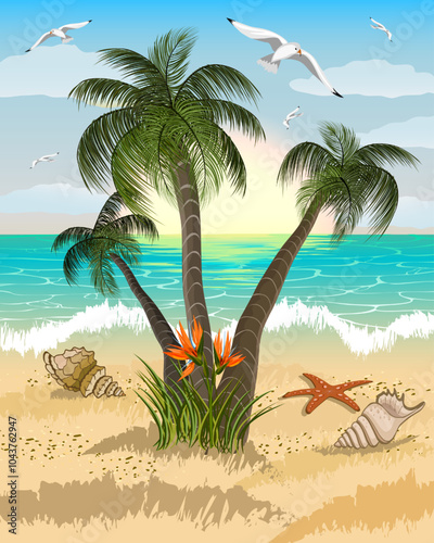 Illustration with palm trees and the sea.Vector illustration with palm trees near the sea.