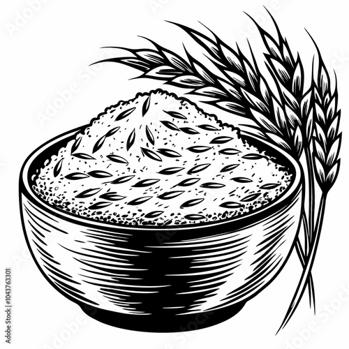 Rustic Wheat Flour Bowl with Grain Stalks Black and White Vector Illustration