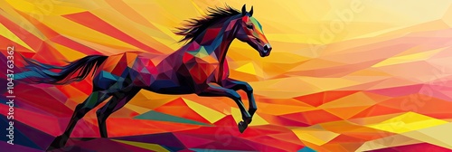 A funky Pop art style horse galloping across a geometric, colorful landscape