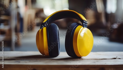 Yellow earmuffs for protection against noise on a construction site. Professional protective equipment in a carpentry workshop.